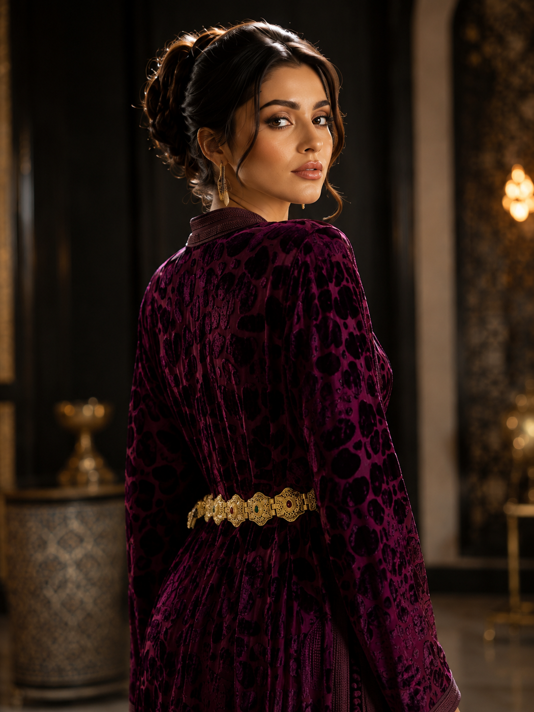 Caftan Marocain de Luxe en Velours Bordeaux avec Ceinture Dorée