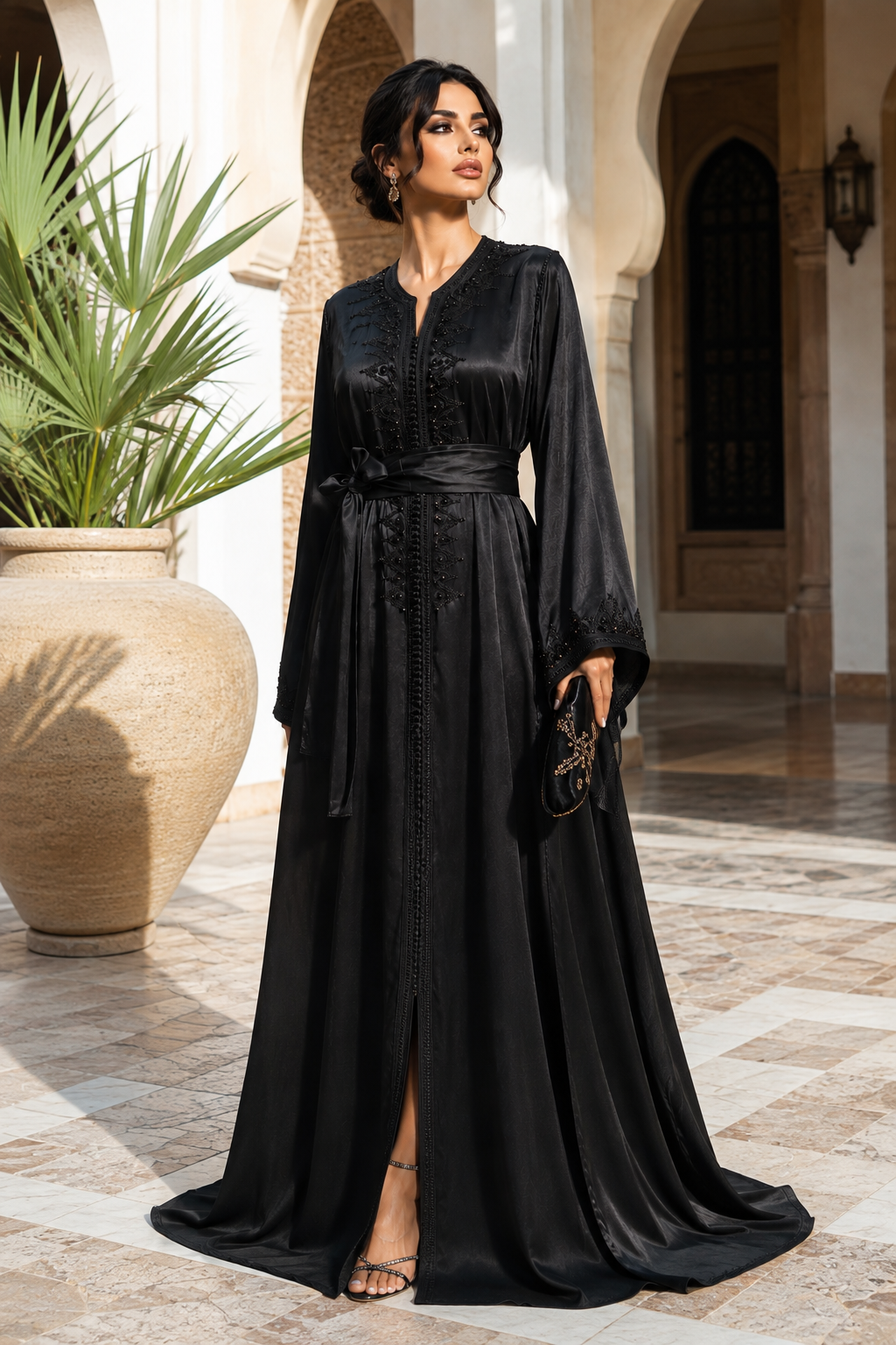 Caftan Marocain Noir Élégant Brodé – Caftan de Luxe Traditionnel