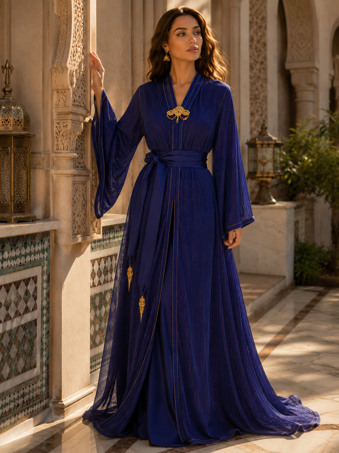 Caftan Marocain Bleu Royal Luxueux