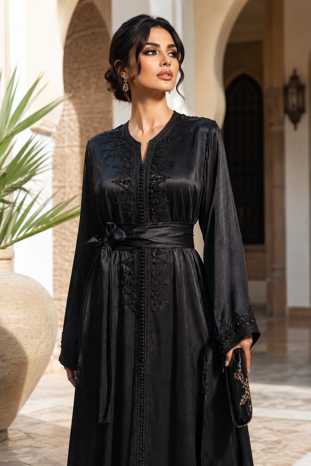 Caftan Marocain Noir Élégant Brodé – Caftan de Luxe Traditionnel