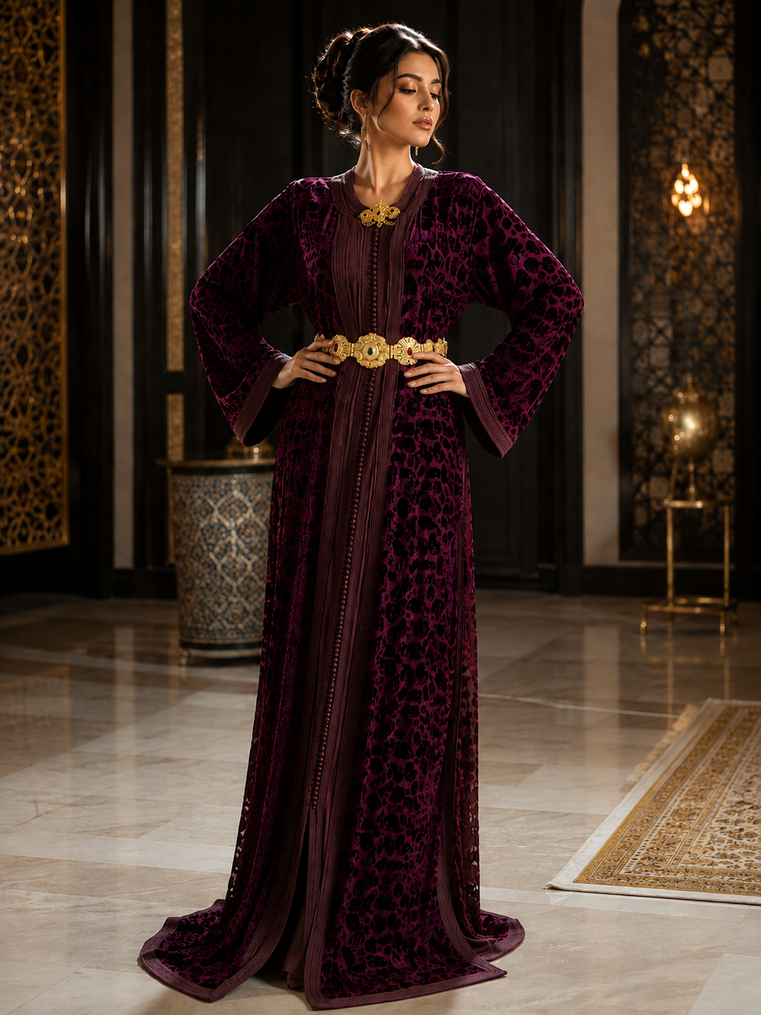 Caftan Marocain de Luxe en Velours Bordeaux avec Ceinture Dorée