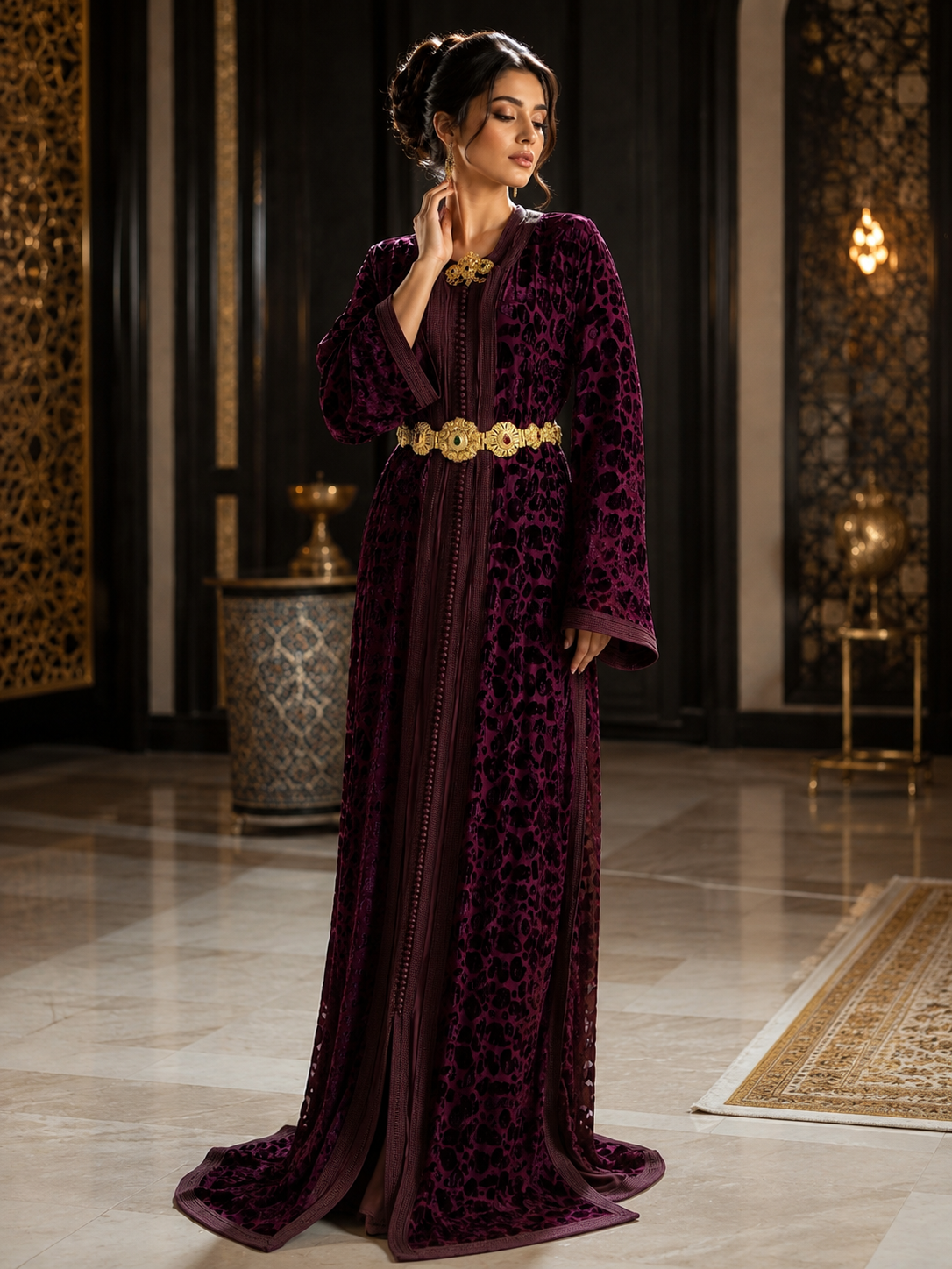 Caftan Marocain de Luxe en Velours Bordeaux avec Ceinture Dorée