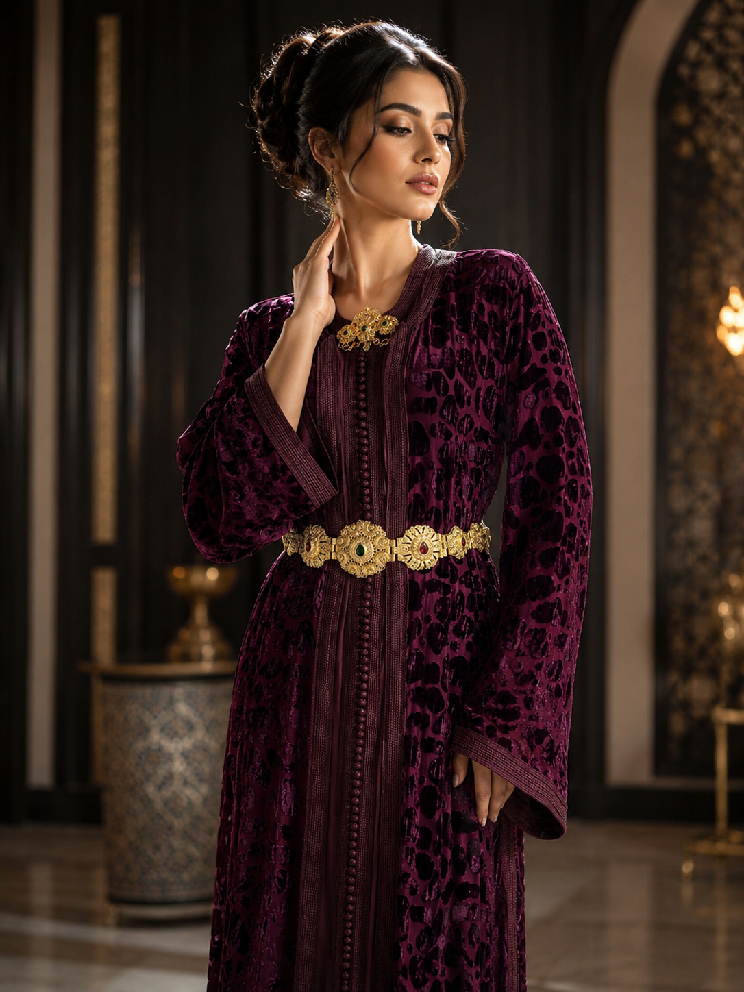 Caftan Marocain de Luxe en Velours Bordeaux avec Ceinture Dorée