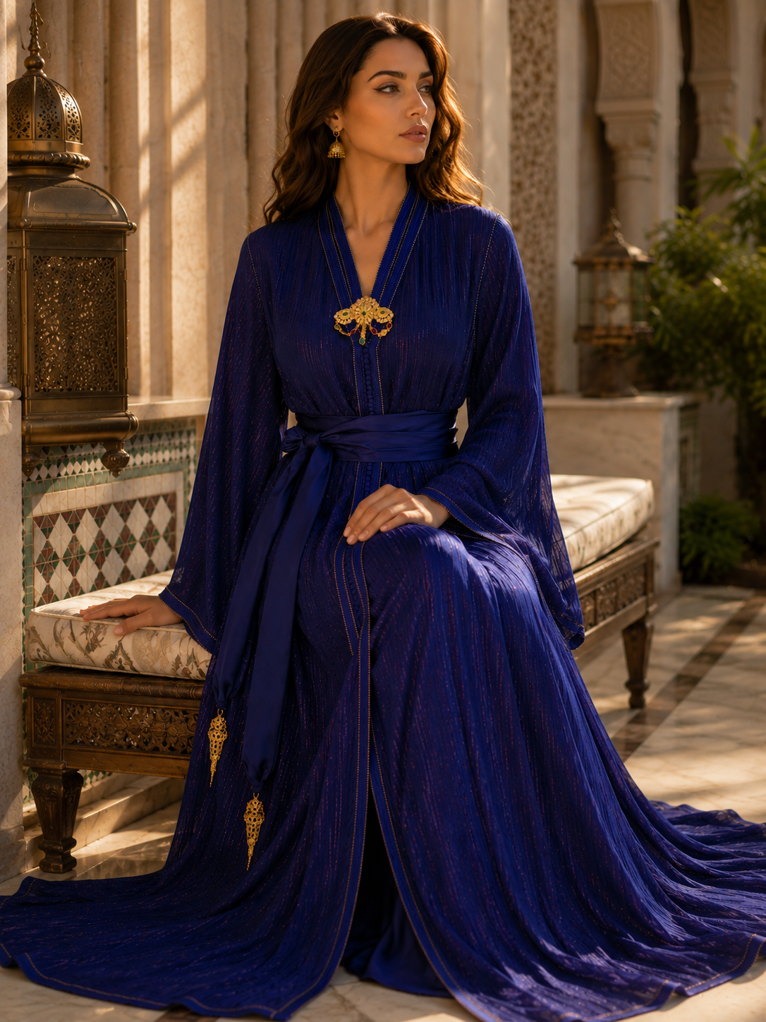 Caftan Marocain Bleu Royal Luxueux