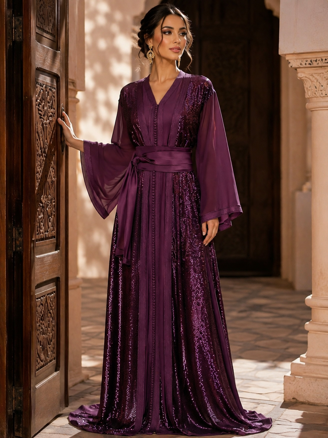 Takchita Marocaine Violette de Luxe – Sequins & Manches Fluides