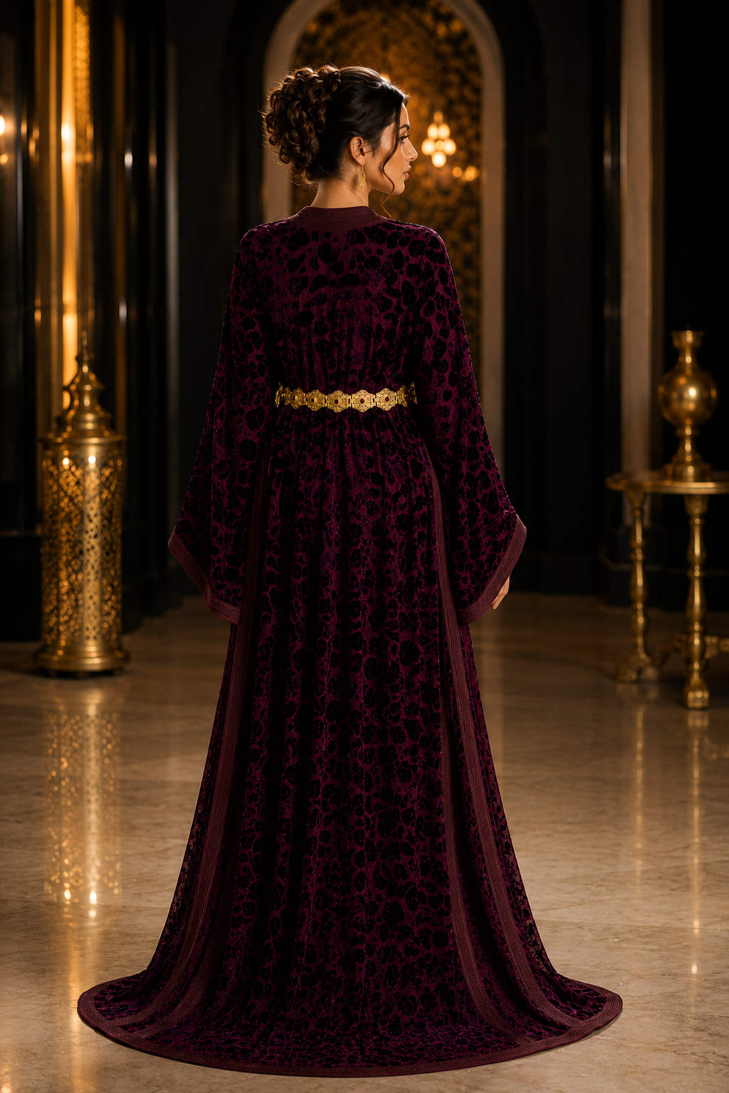 Caftan Marocain de Luxe en Velours Bordeaux avec Ceinture Dorée