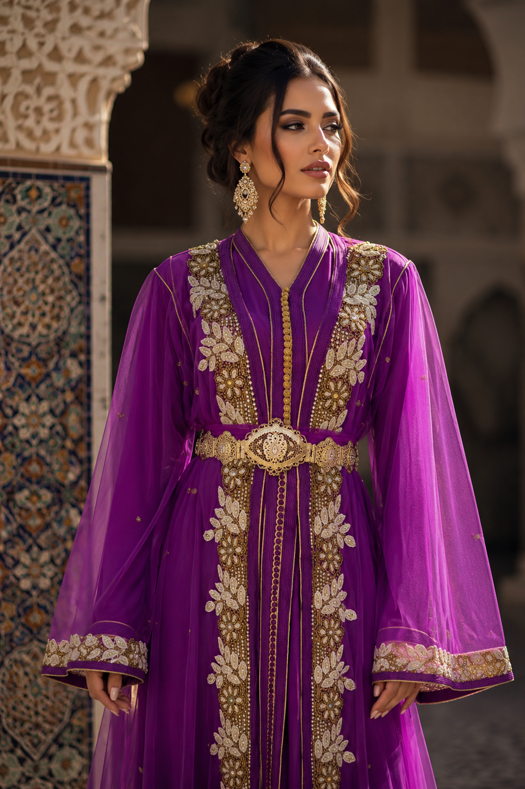 Caftan Marocain Violet Luxe Brodé Or – Élégance Marocaine