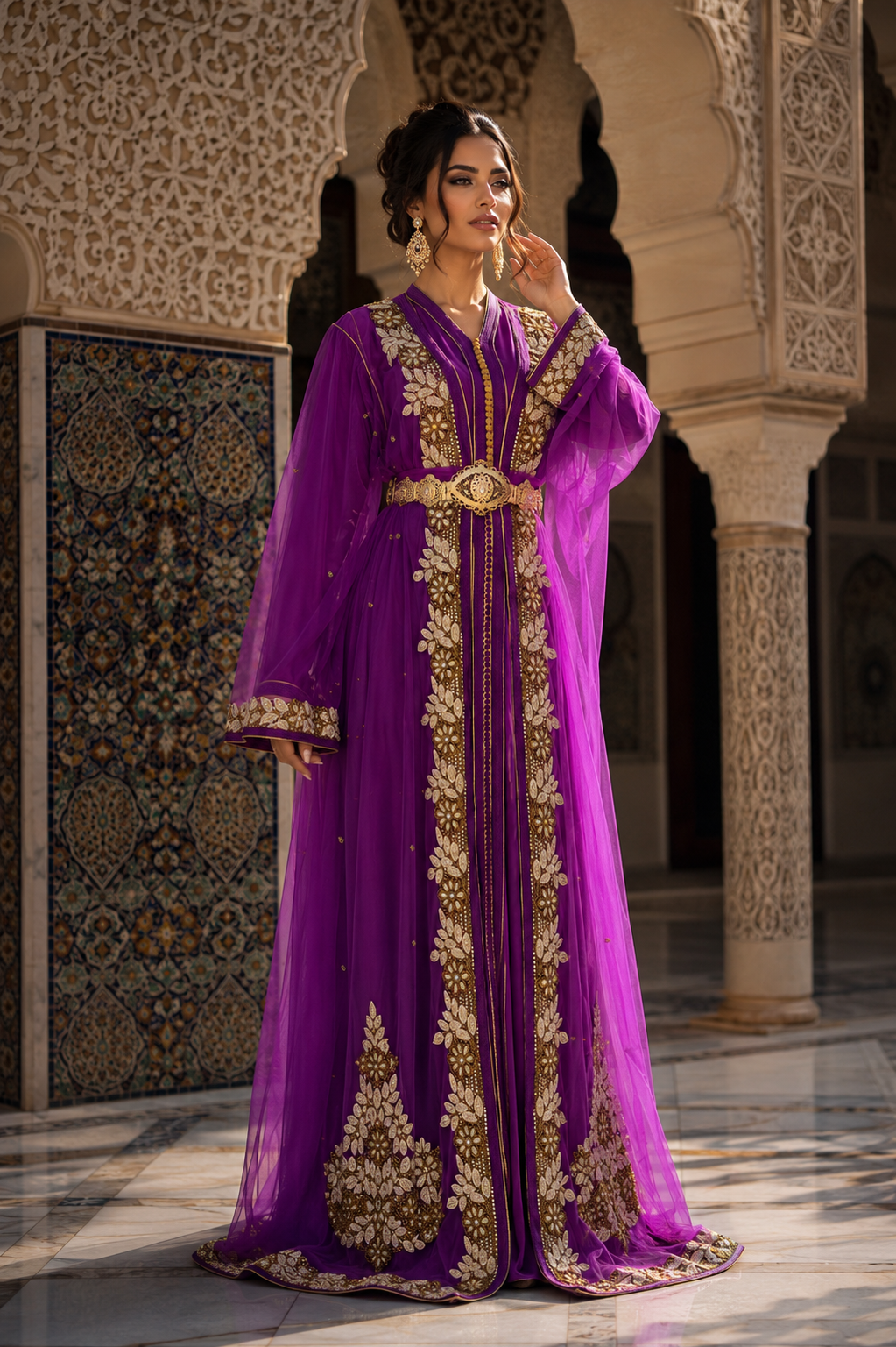 Caftan Marocain Violet Luxe Brodé Or – Élégance Marocaine