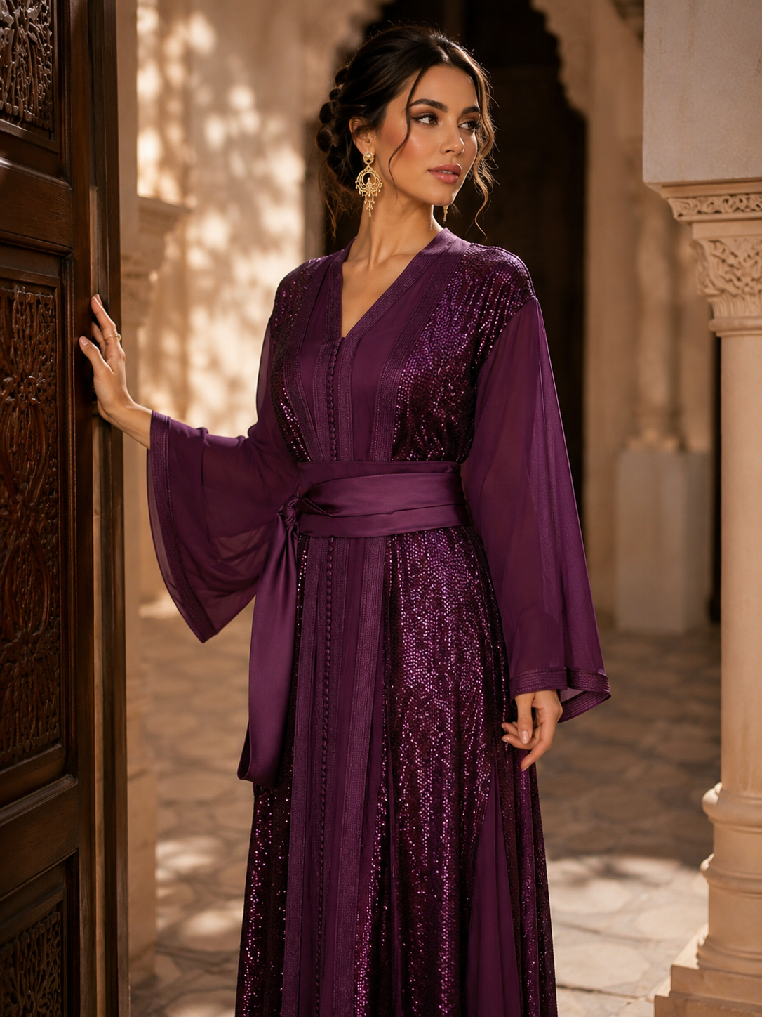 Takchita Marocaine Violette de Luxe – Sequins & Manches Fluides