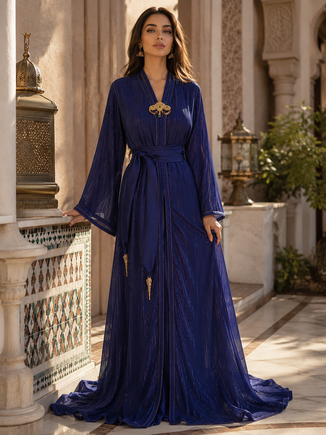 Caftan Marocain Bleu Royal Luxueux