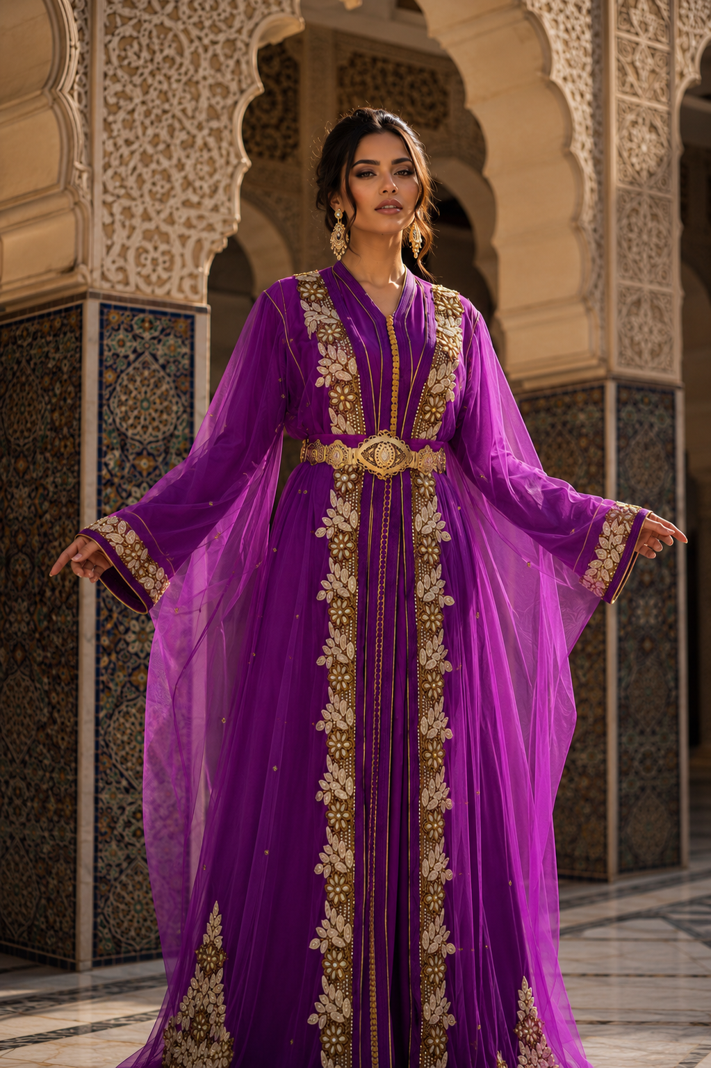 Caftan Marocain Violet Luxe Brodé Or – Élégance Marocaine