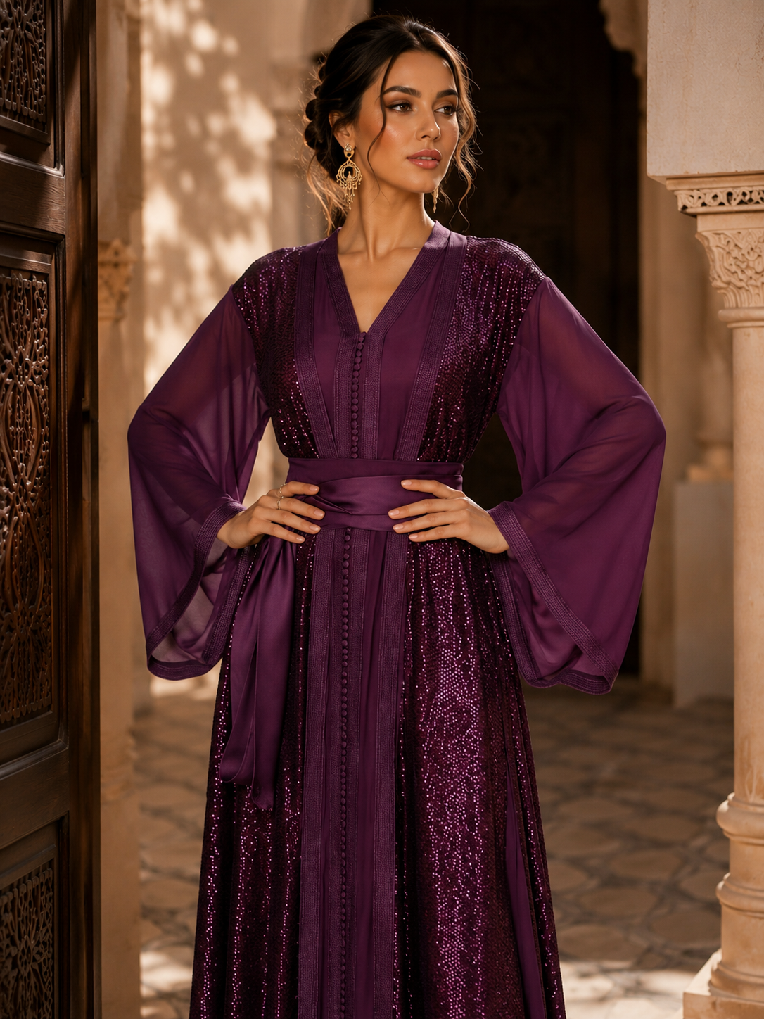Takchita Marocaine Violette de Luxe – Sequins & Manches Fluides
