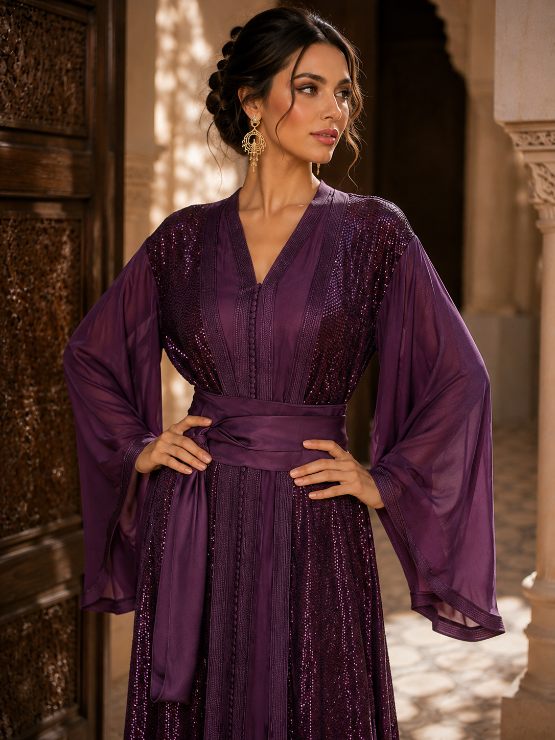 Takchita Marocaine Violette de Luxe – Sequins & Manches Fluides