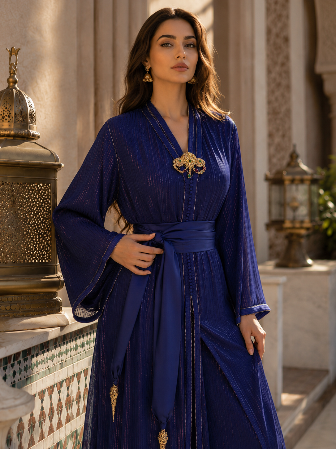 Caftan Marocain Bleu Royal Luxueux