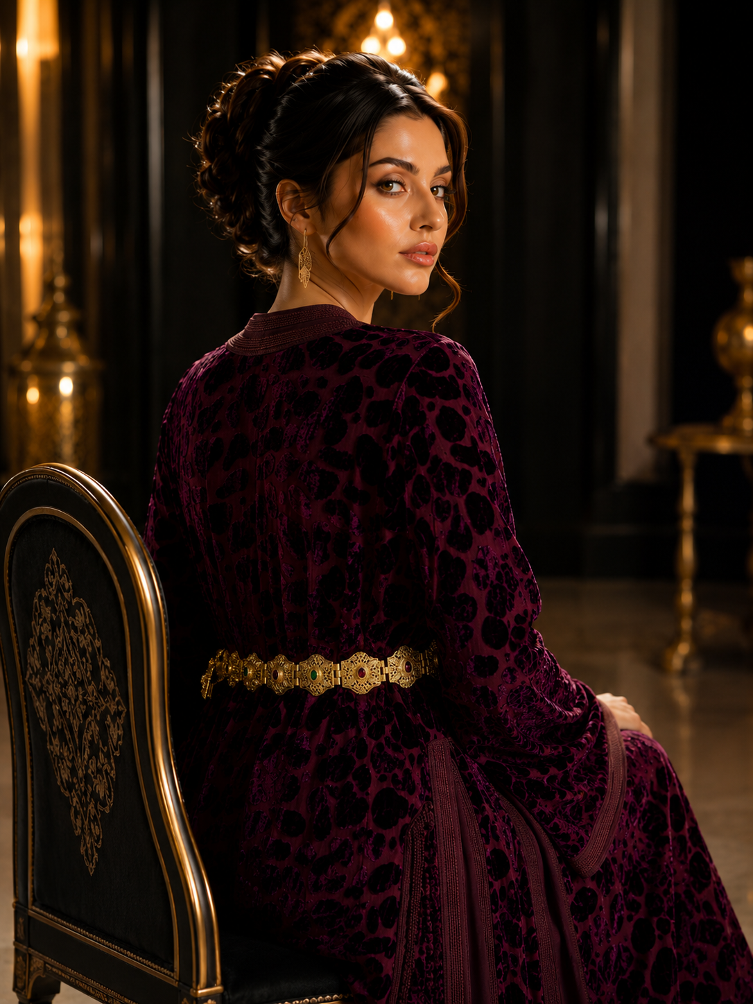Caftan Marocain de Luxe en Velours Bordeaux avec Ceinture Dorée