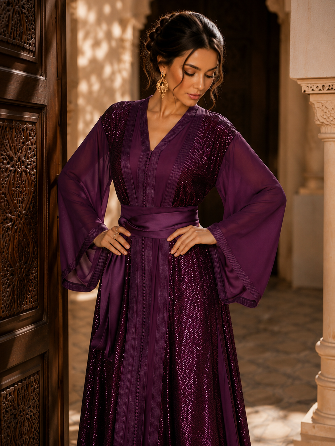 Takchita Marocaine Violette de Luxe – Sequins & Manches Fluides