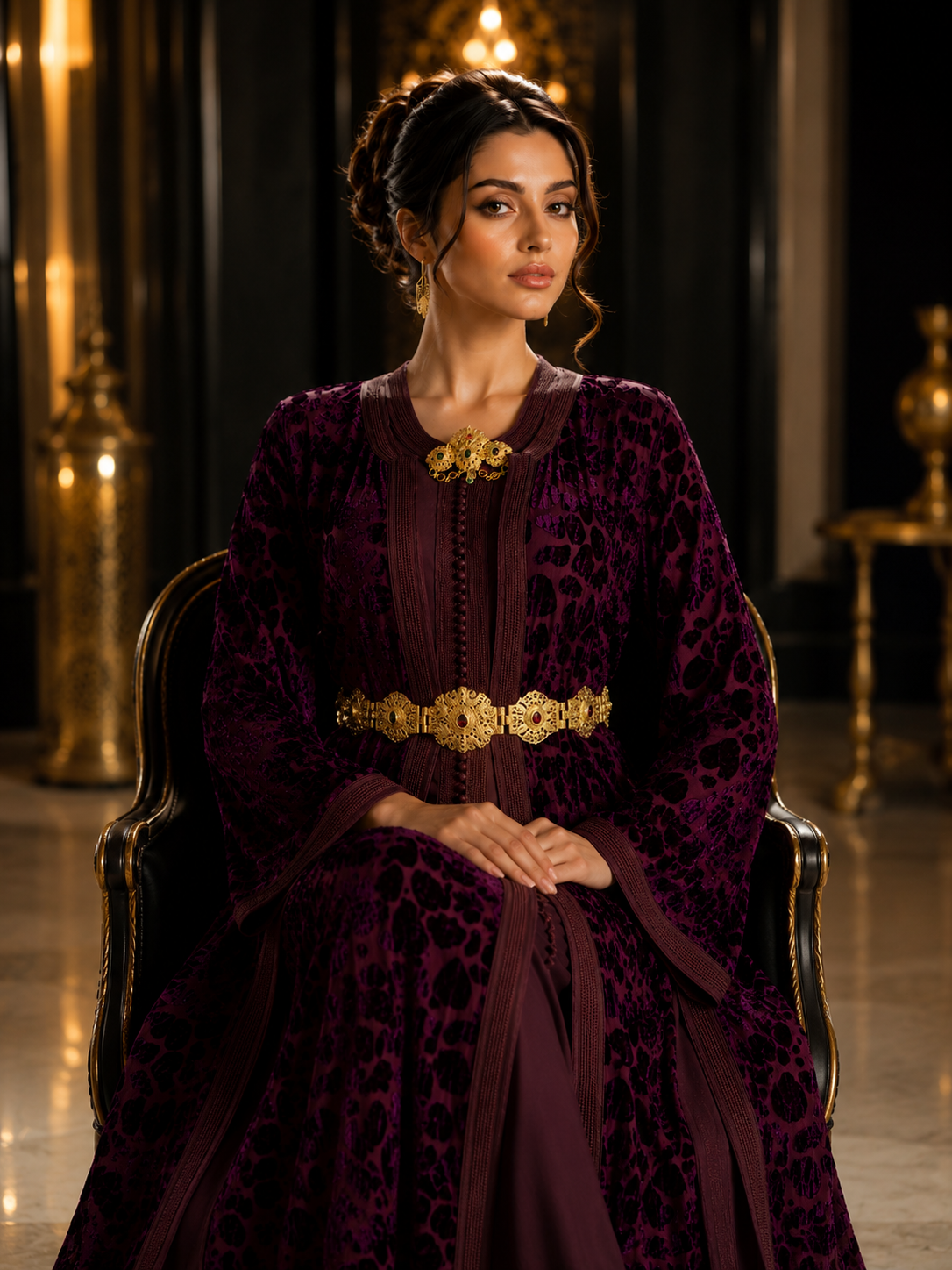 Caftan Marocain de Luxe en Velours Bordeaux avec Ceinture Dorée