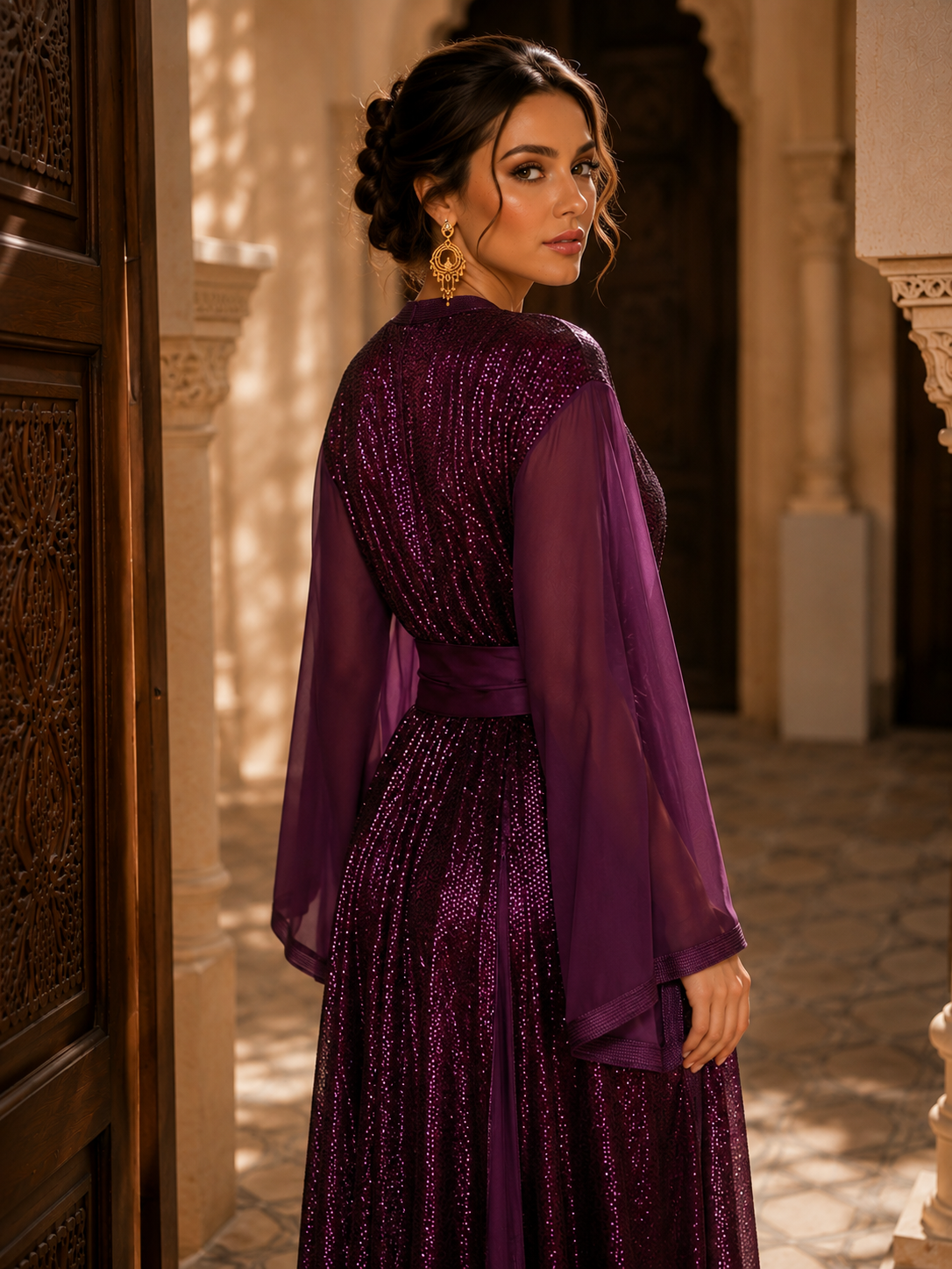 Takchita Marocaine Violette de Luxe – Sequins & Manches Fluides