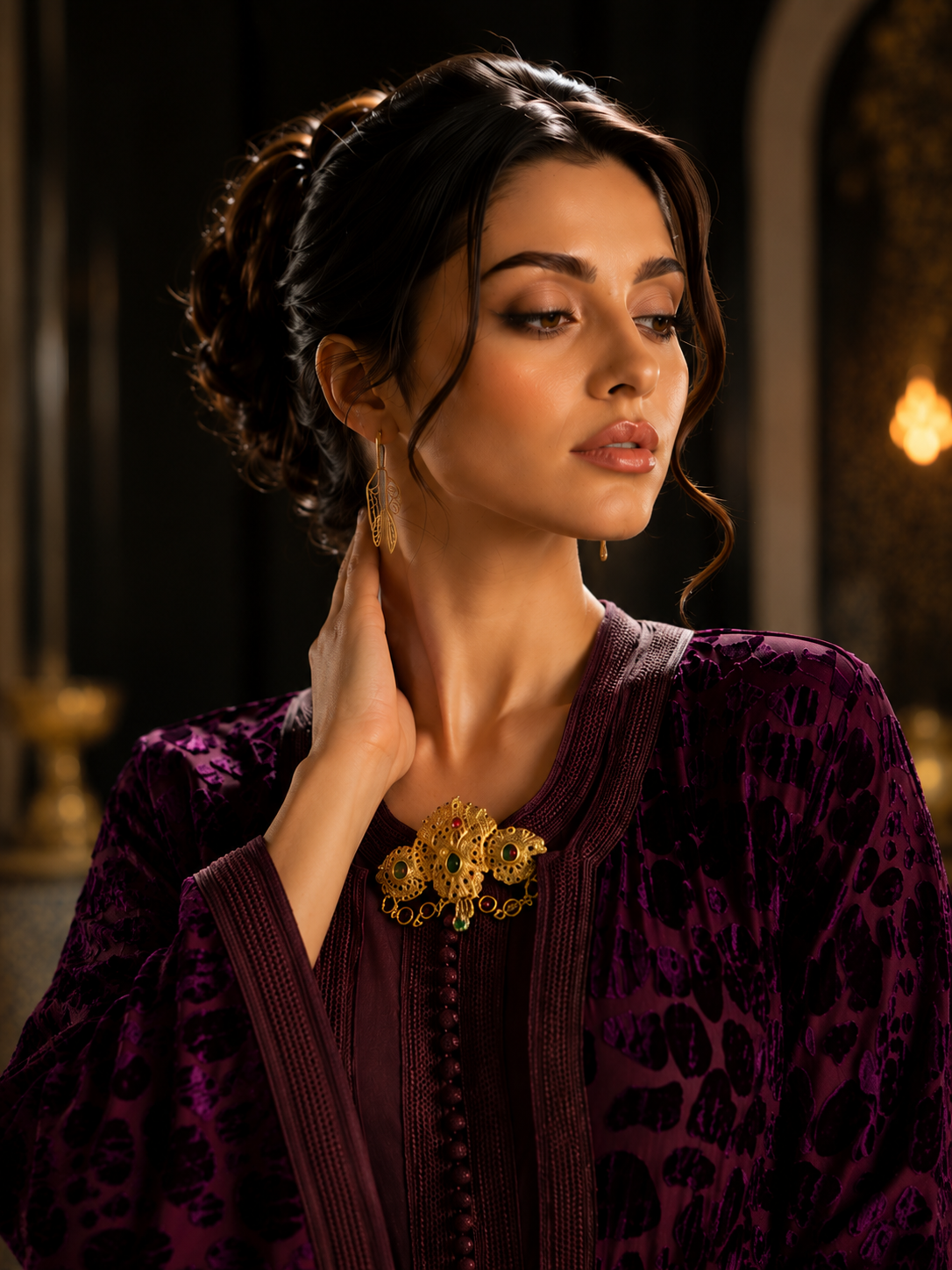 Caftan Marocain de Luxe en Velours Bordeaux avec Ceinture Dorée