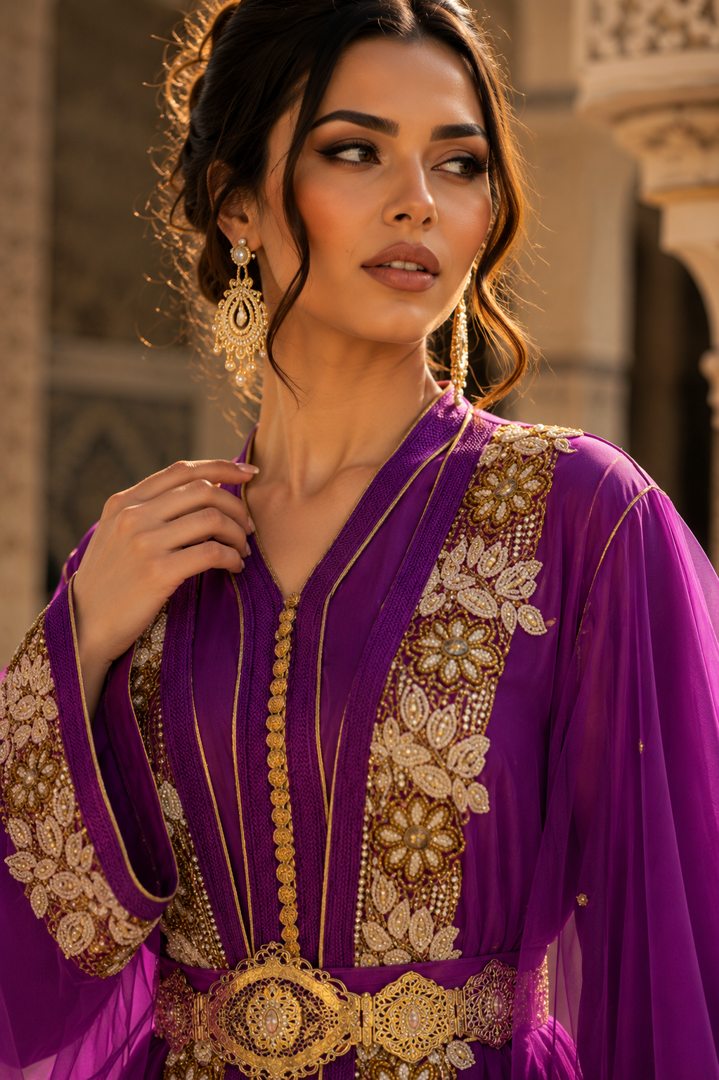 Caftan Marocain Violet Luxe Brodé Or – Élégance Marocaine