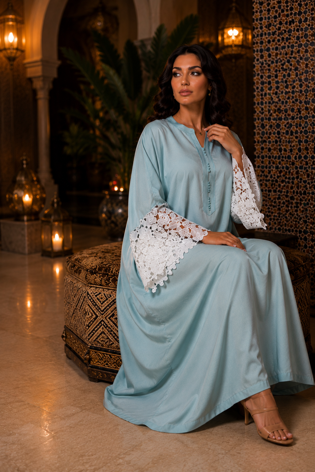 Gandora Marocaine Bleu Clair avec Manches en Dentelle
