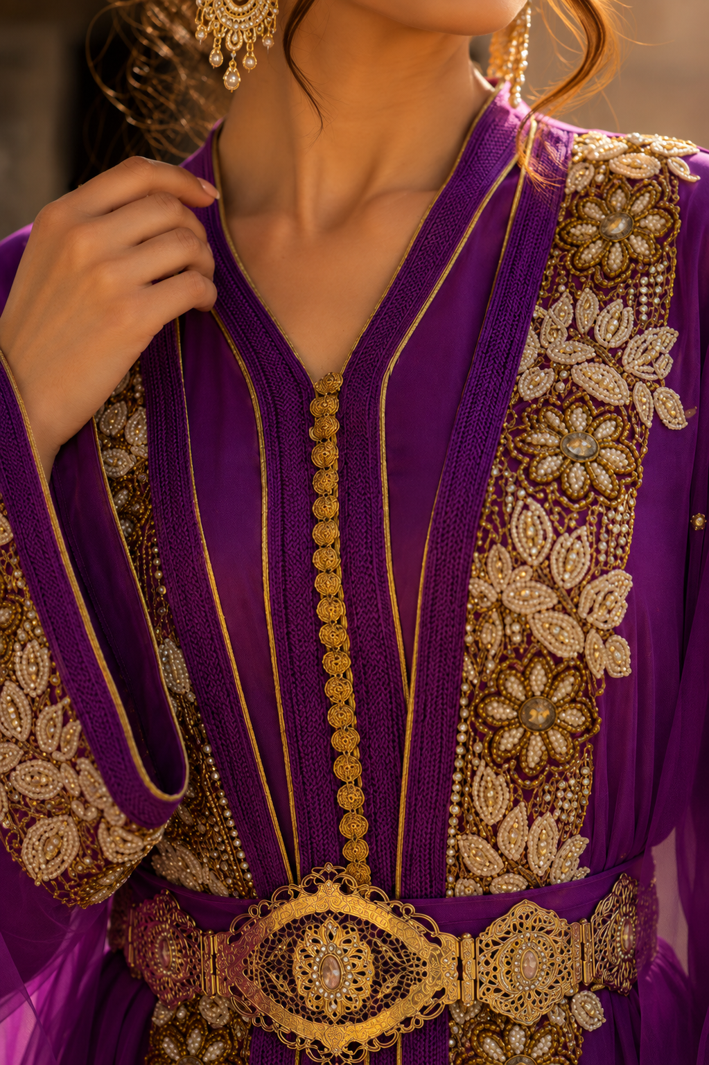 Caftan Marocain Violet Luxe Brodé Or – Élégance Marocaine