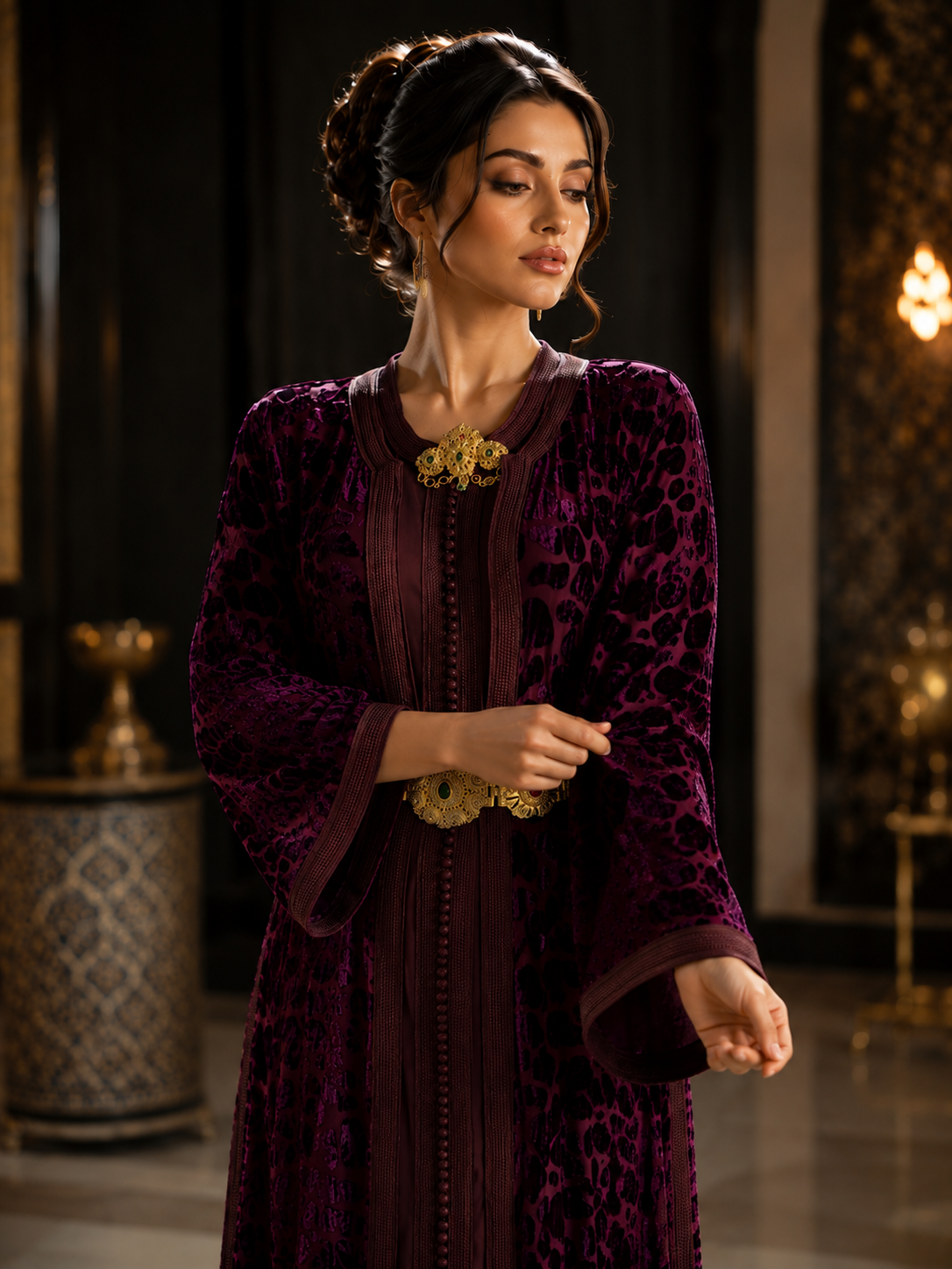 Caftan Marocain de Luxe en Velours Bordeaux avec Ceinture Dorée