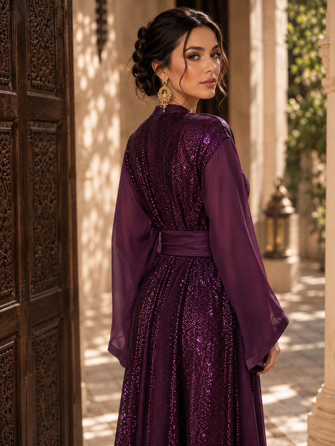 Takchita Marocaine Violette de Luxe – Sequins & Manches Fluides