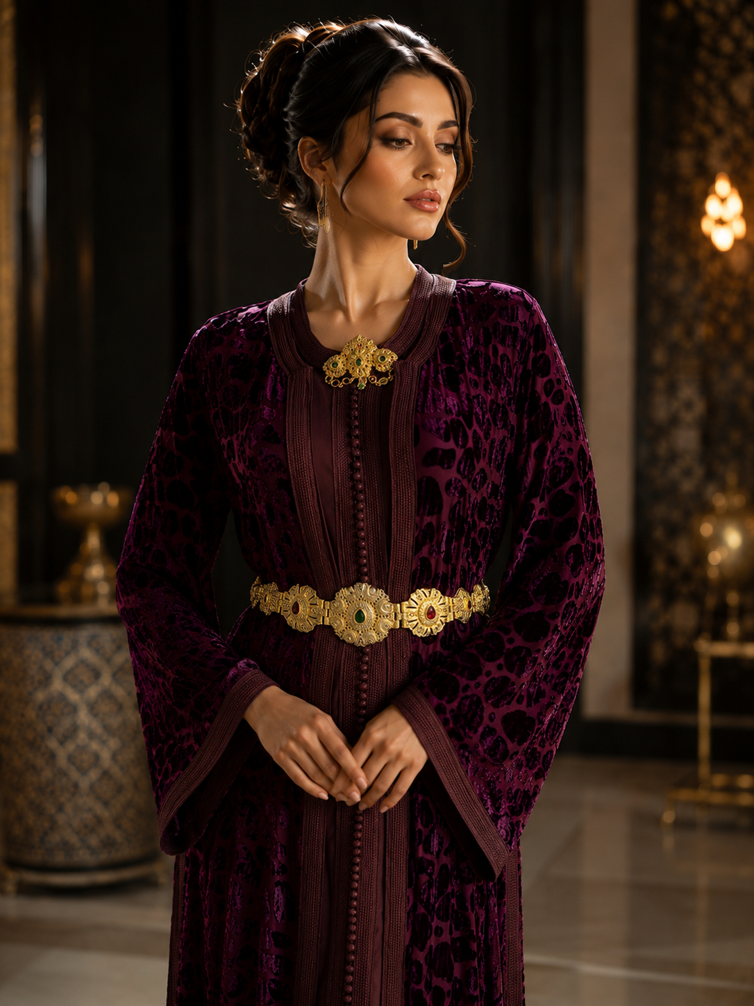 Caftan Marocain de Luxe en Velours Bordeaux avec Ceinture Dorée