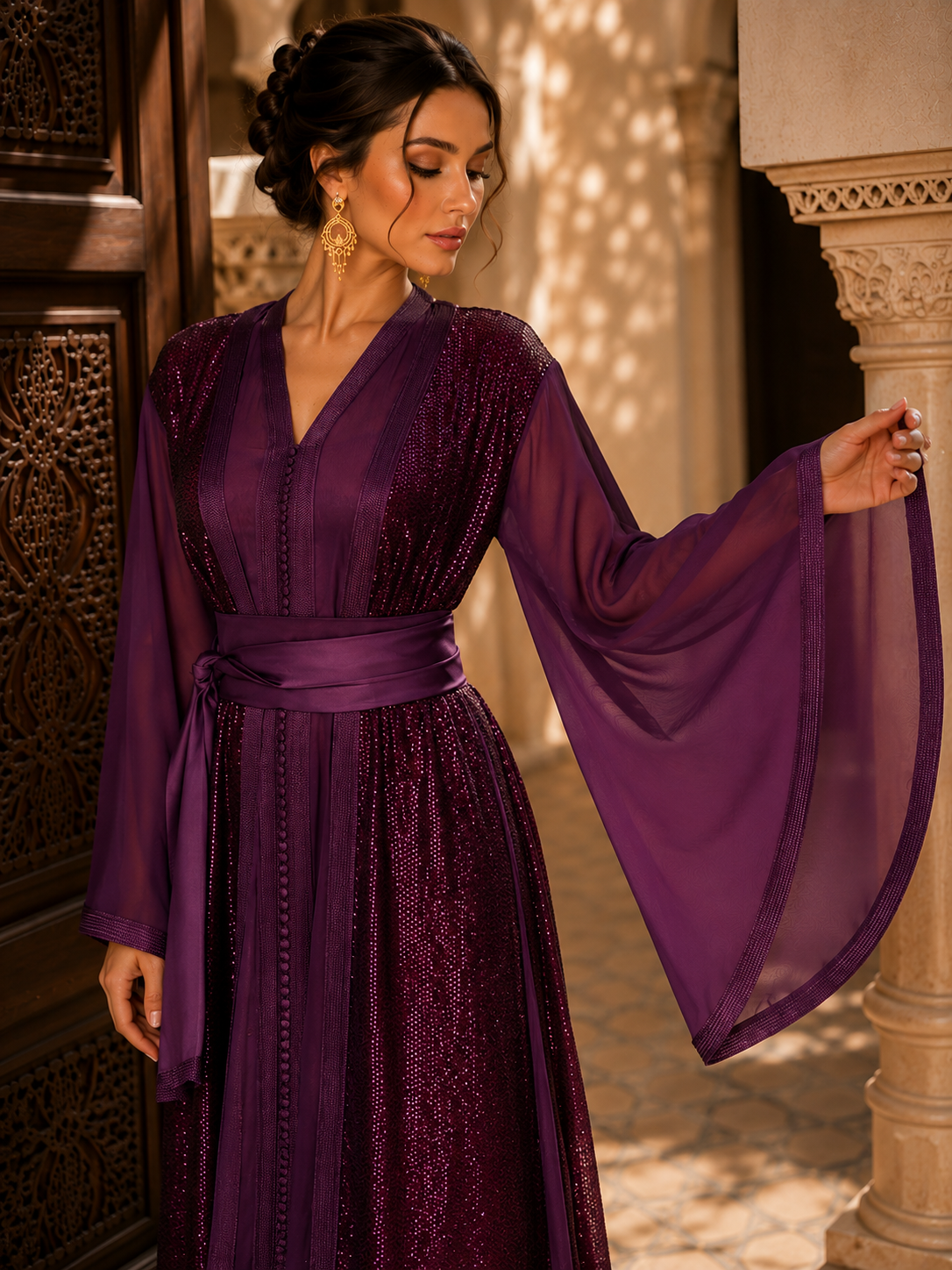 Takchita Marocaine Violette de Luxe – Sequins & Manches Fluides