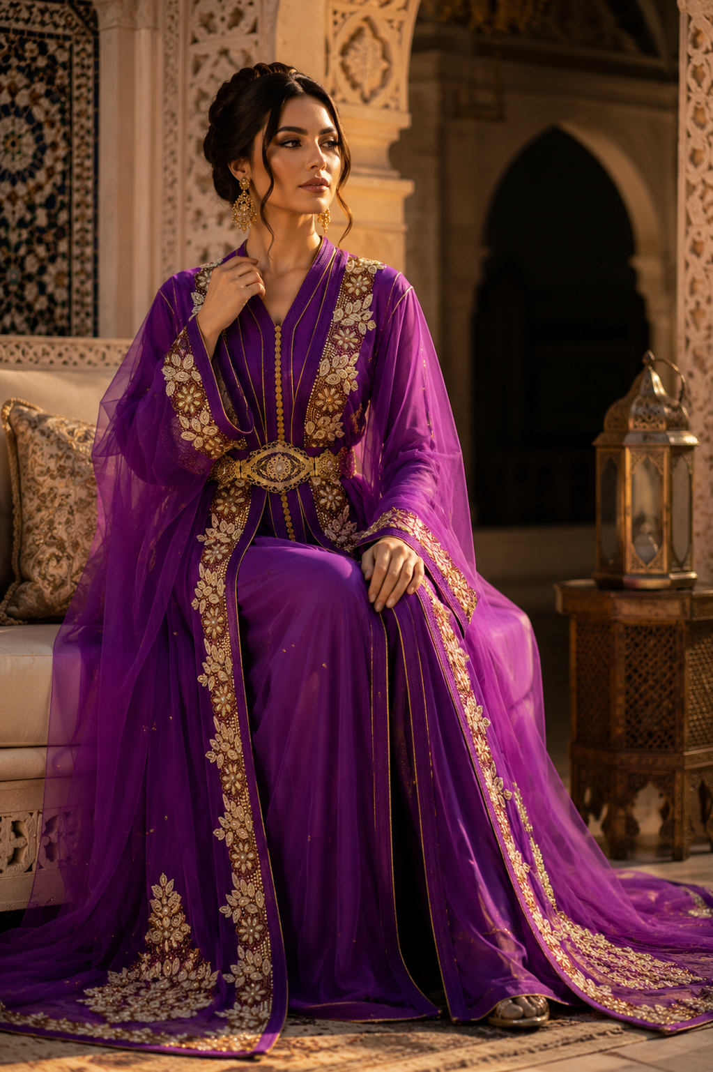 Caftan Marocain Violet Luxe Brodé Or – Élégance Marocaine