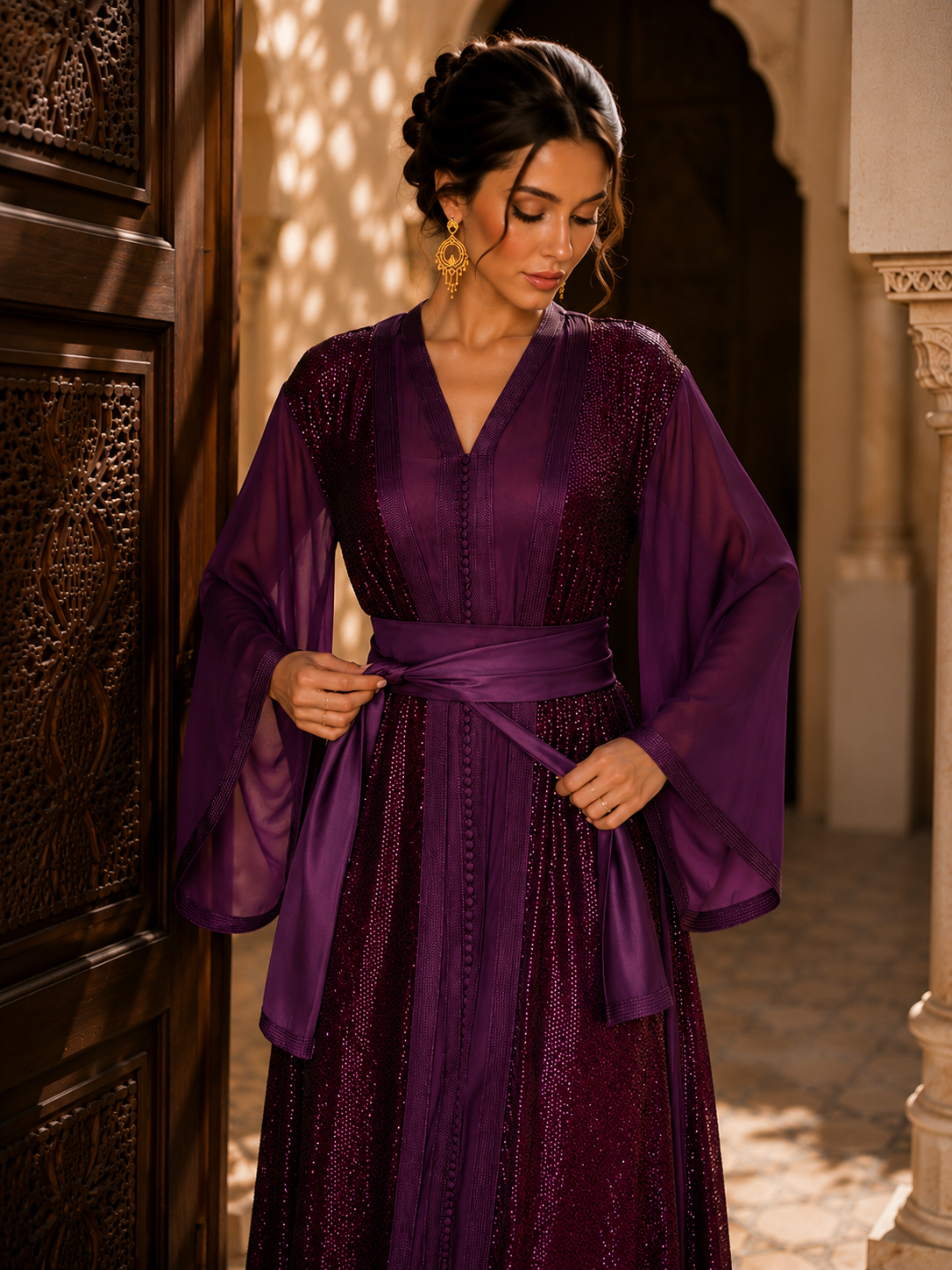 Takchita Marocaine Violette de Luxe – Sequins & Manches Fluides