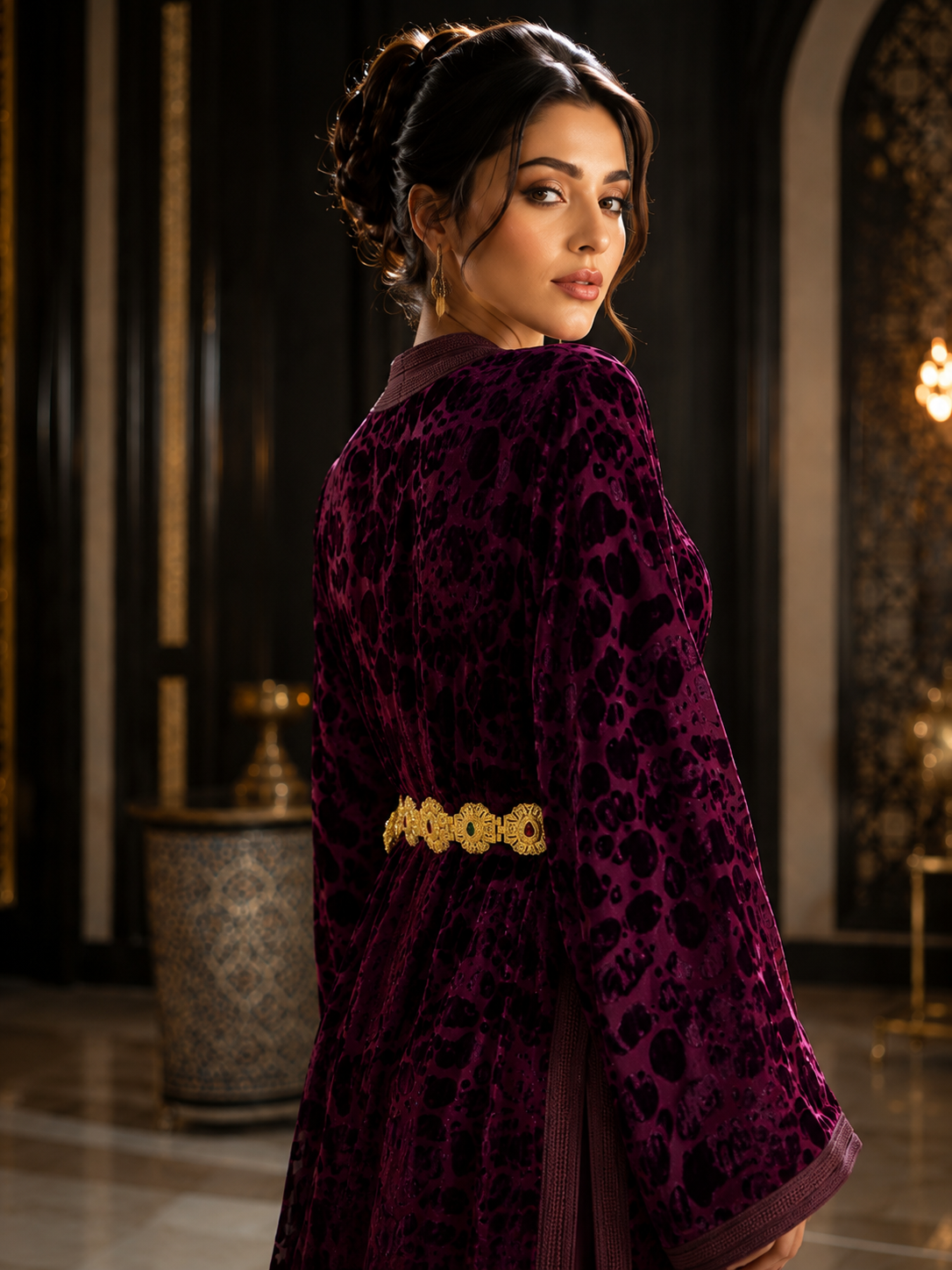 Caftan Marocain de Luxe en Velours Bordeaux avec Ceinture Dorée